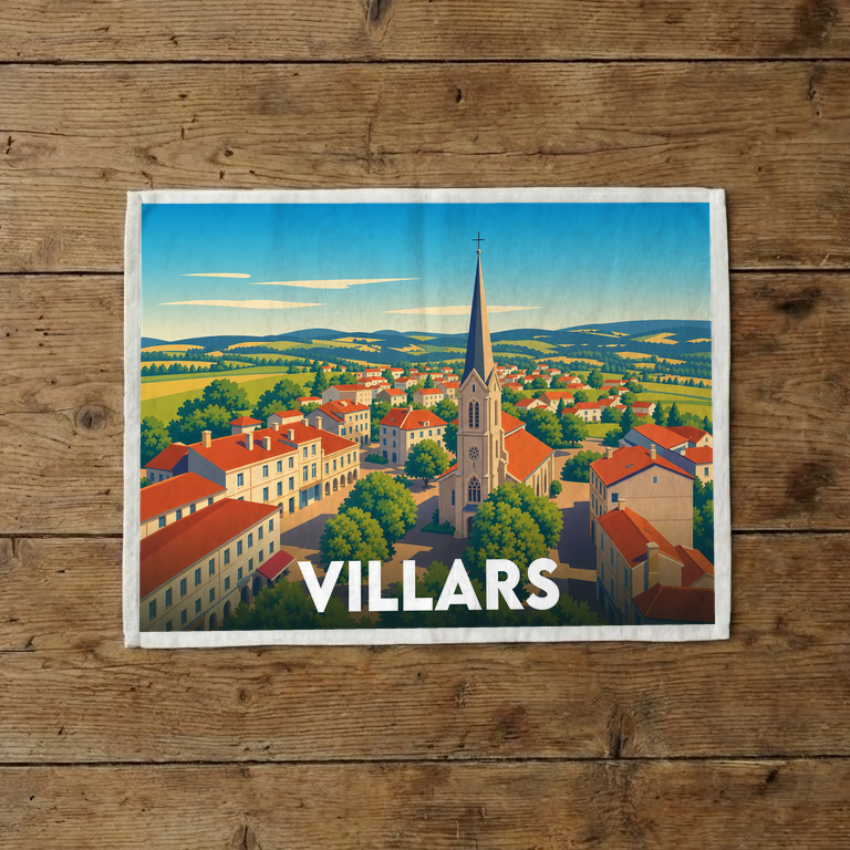 Torchon souvenir de la ville de Villars orné d'une illustration stylisée du village et de son église.
