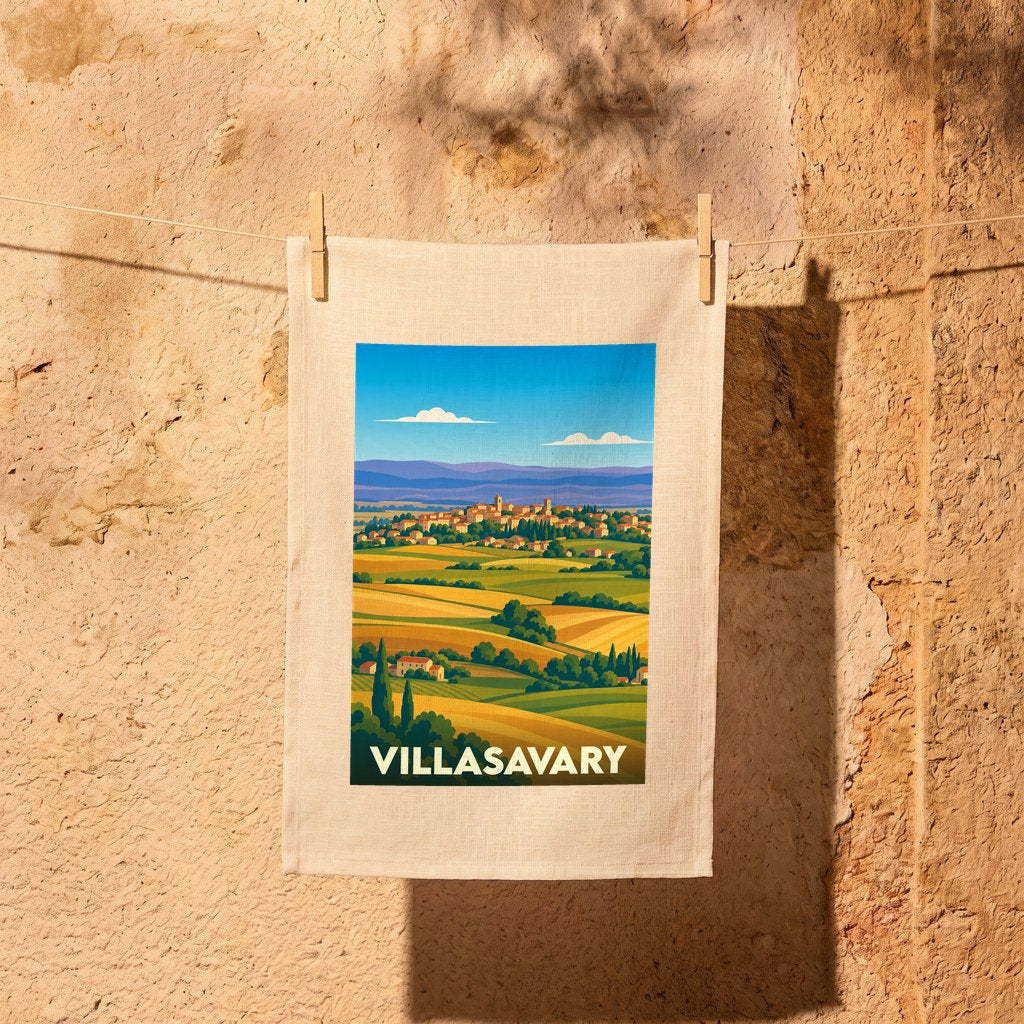 Torchon de cuisine souvenir de la ville de Villasavary avec une illustration stylisée de son paysage vallonné.