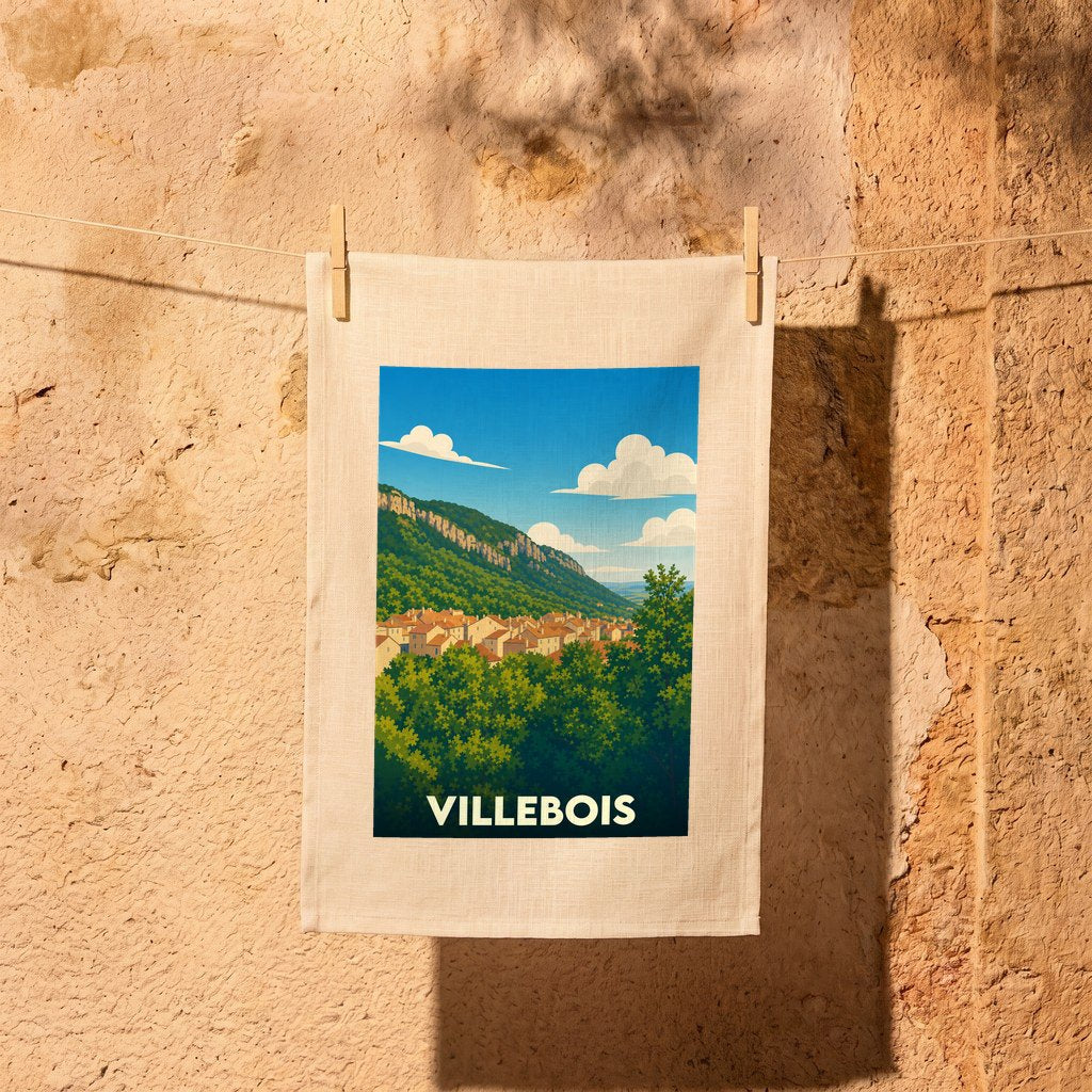 Torchon souvenir de la ville de Villebois avec une illustration stylisée d'un paysage montagneux.