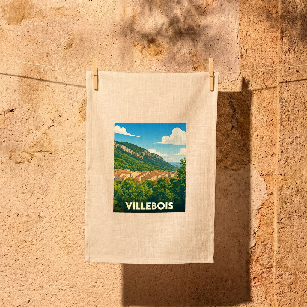 Torchon souvenir de la ville de Villebois avec une illustration stylisée d'un paysage montagneux.