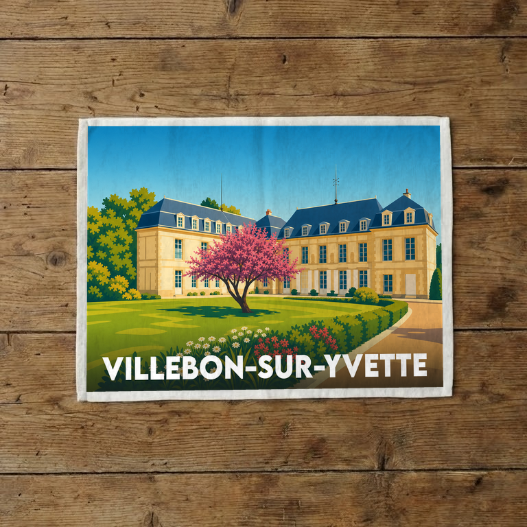 Torchon souvenir de la ville de Villebon-sur-Yvette avec une illustration stylisée d'un château et d'un jardin fleuri.