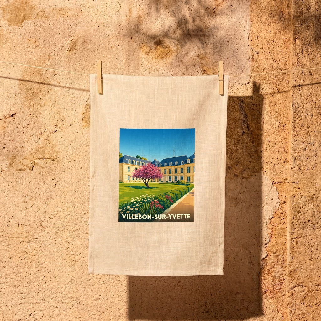 Torchon souvenir de la ville de Villebon-sur-Yvette avec une illustration stylisée d'un château et d'un jardin fleuri.