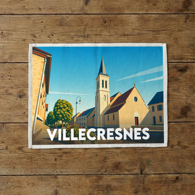 Torchon souvenir de la ville de Villecresnes avec une illustration stylisée.