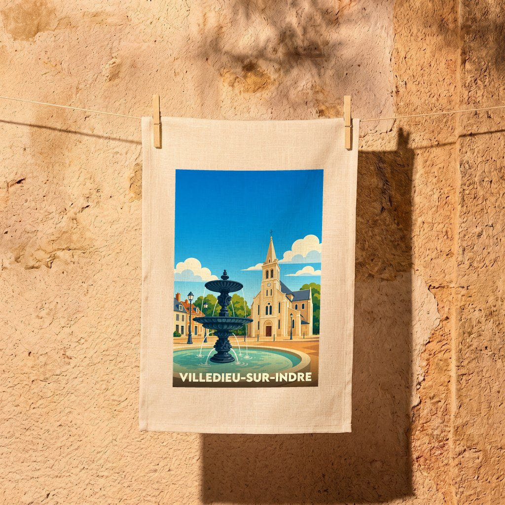 Torchon souvenir de la ville de Villedieu-sur-Indre avec une illustration stylisée d'une fontaine et de son église.