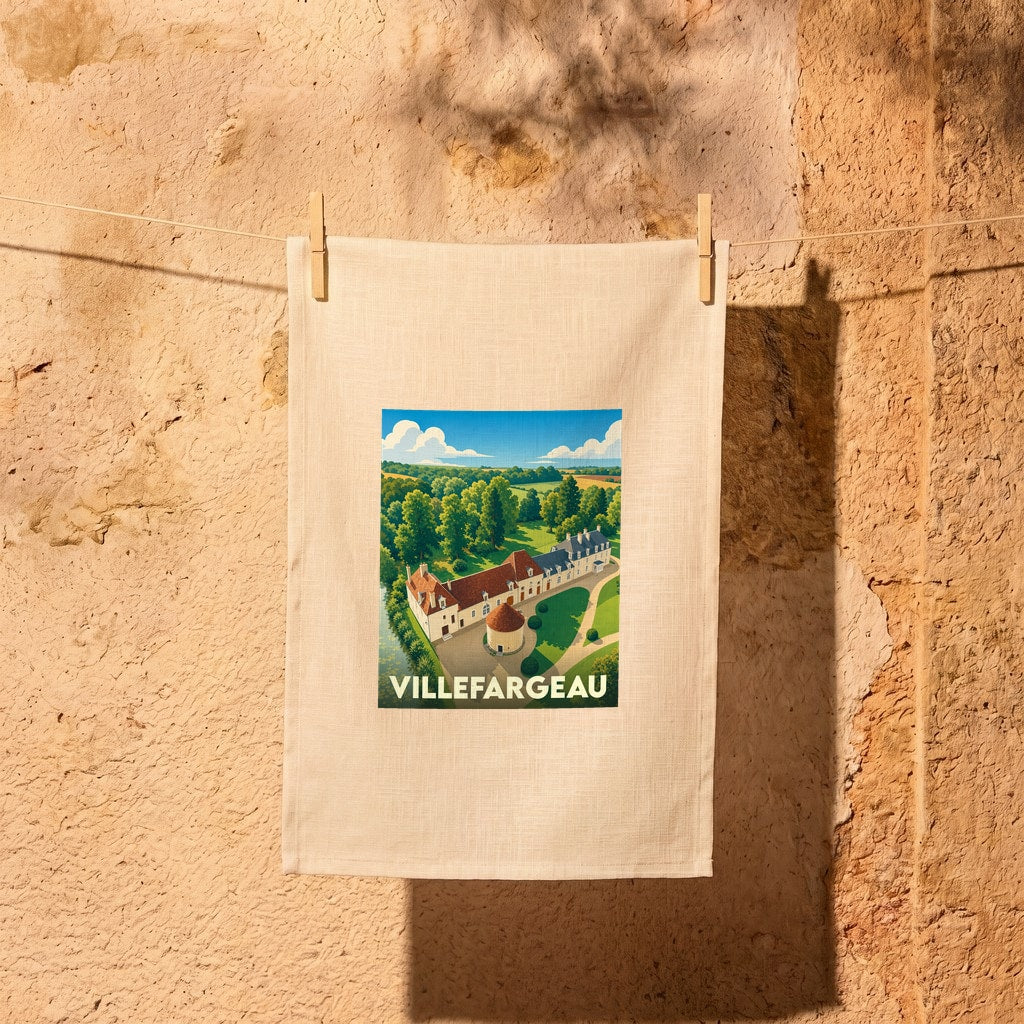 Torchon souvenir de la ville de Villefargeau avec une illustration stylisée d'un château.