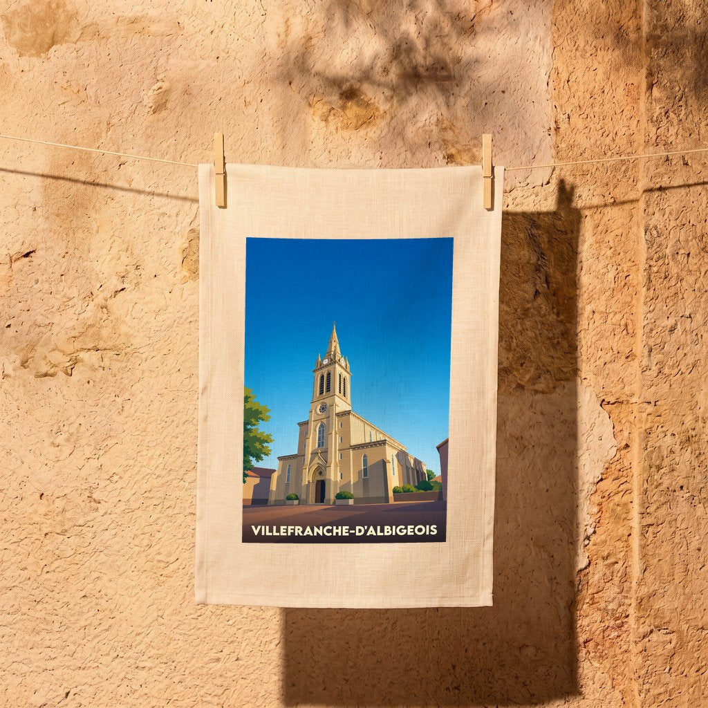 Torchon souvenir de Villefranche-d'Albigeois avec une illustration stylisée de son église.