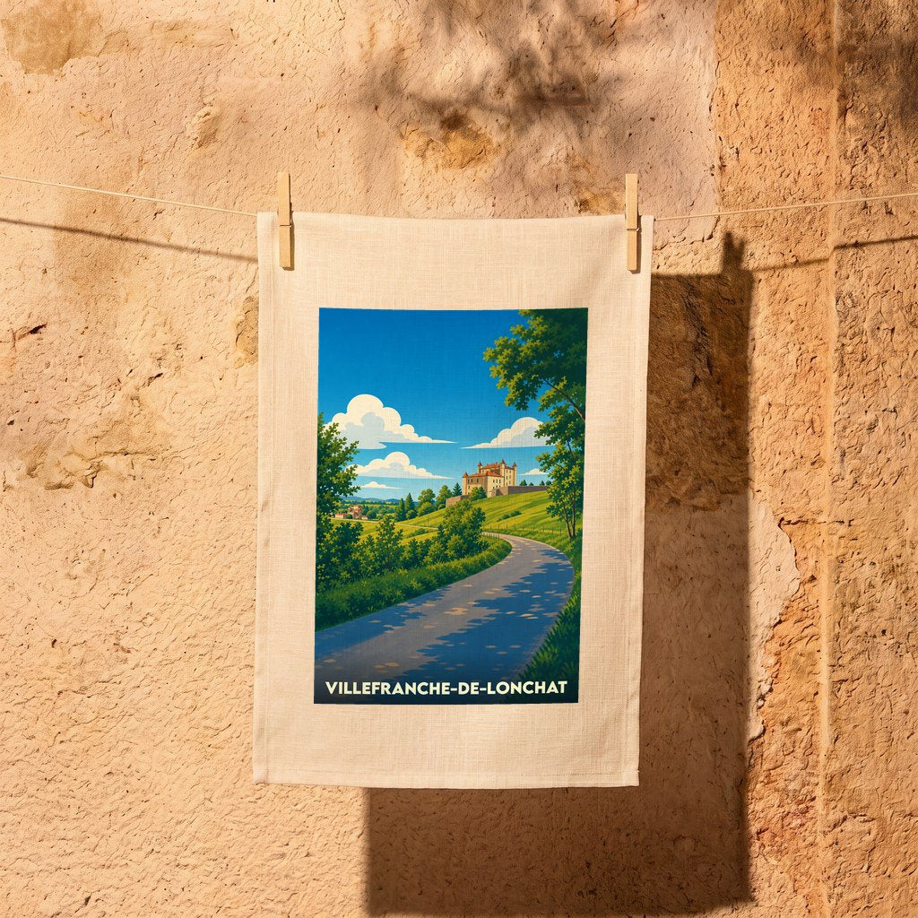 Torchon souvenir de Villefranche-de-Lonchat illustrant une route de campagne menant à un château sous un ciel bleu.
