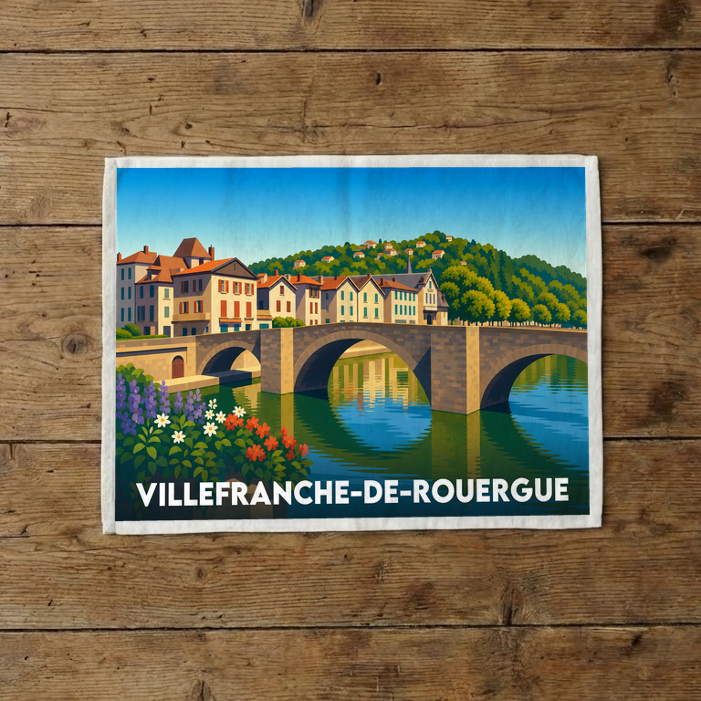 Torchon souvenir de Villefranche-de-Rouergue avec une illustration stylisée du pont et de la ville.