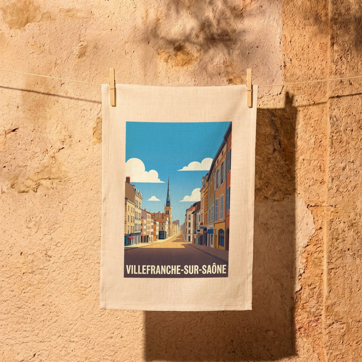 Torchon souvenir de la ville de Villefranche-sur-Saône avec une illustration stylisée d'une rue en perspective.