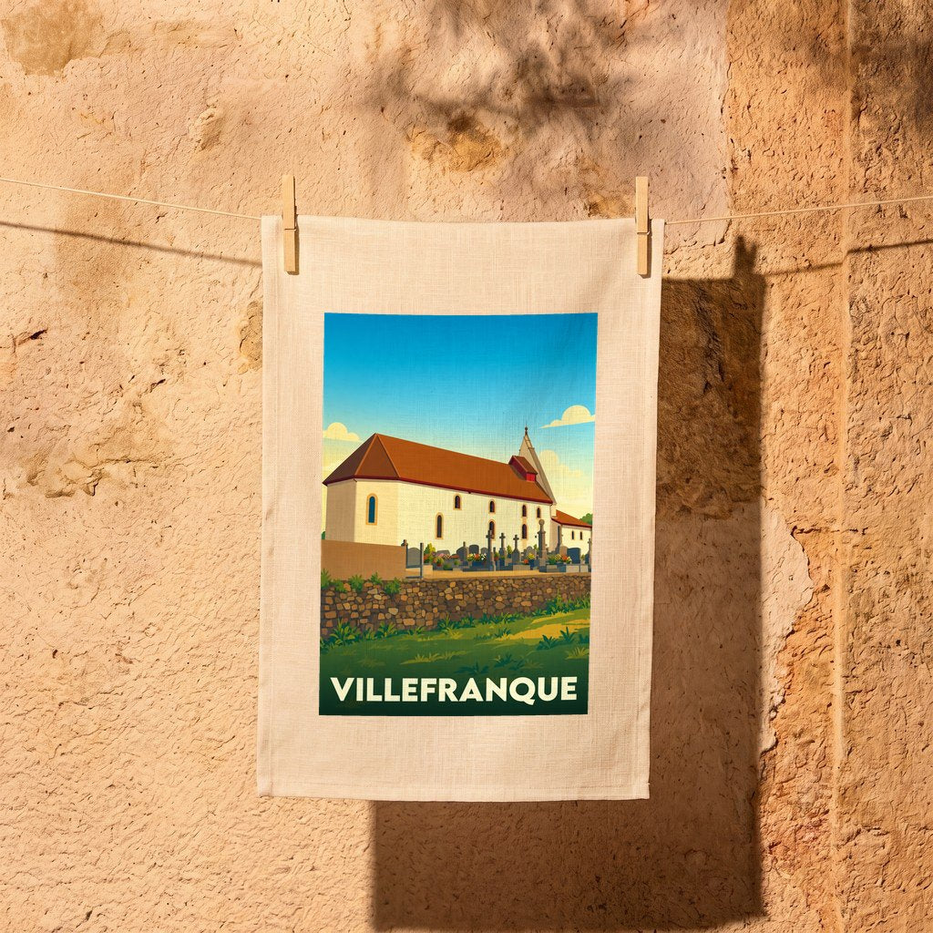 Torchon souvenir de la ville de Villefranque avec une illustration stylisée de son église.