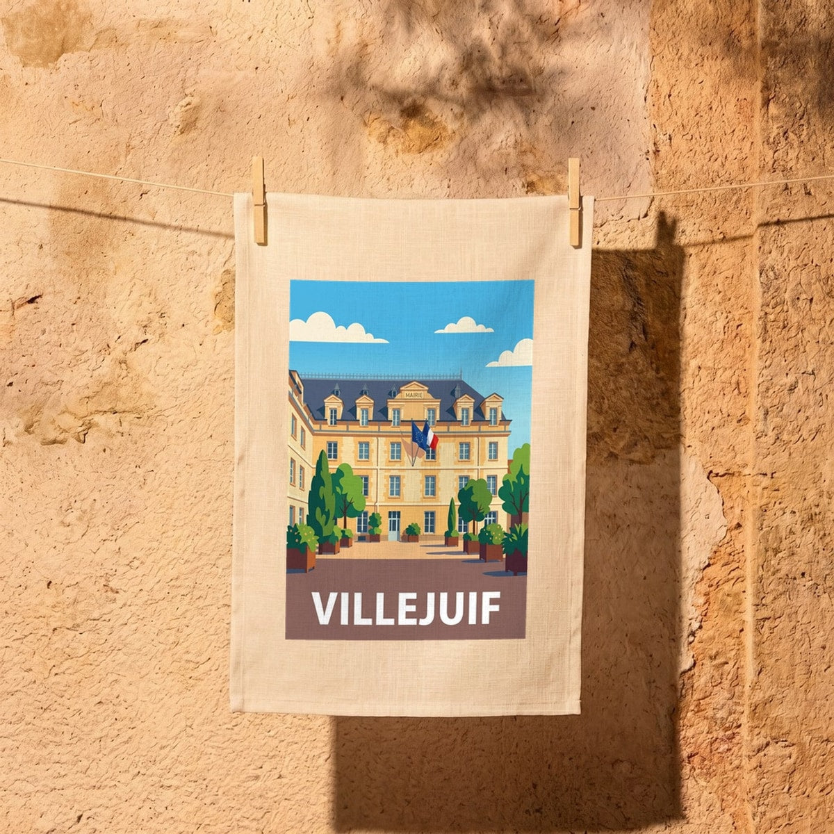Torchon souvenir de la ville de Villejuif avec une illustration stylisée de sa mairie.