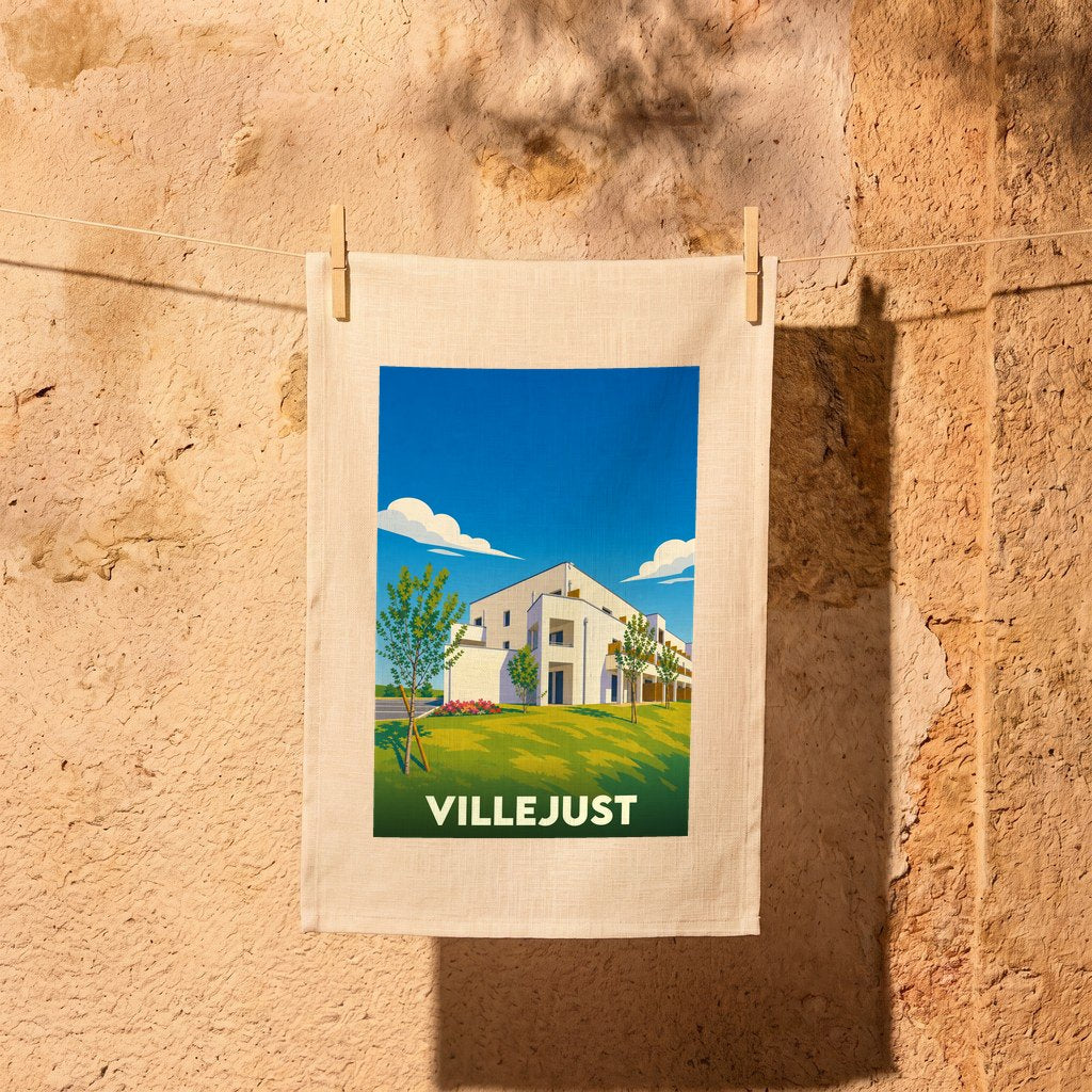 Torchon souvenir de la ville de Villejust avec une illustration stylisée.