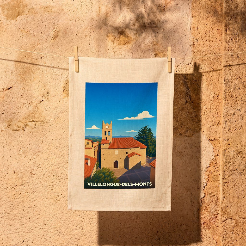 Torchon souvenir de Villelongue-dels-Monts avec une illustration stylisée de son église sous un ciel bleu.