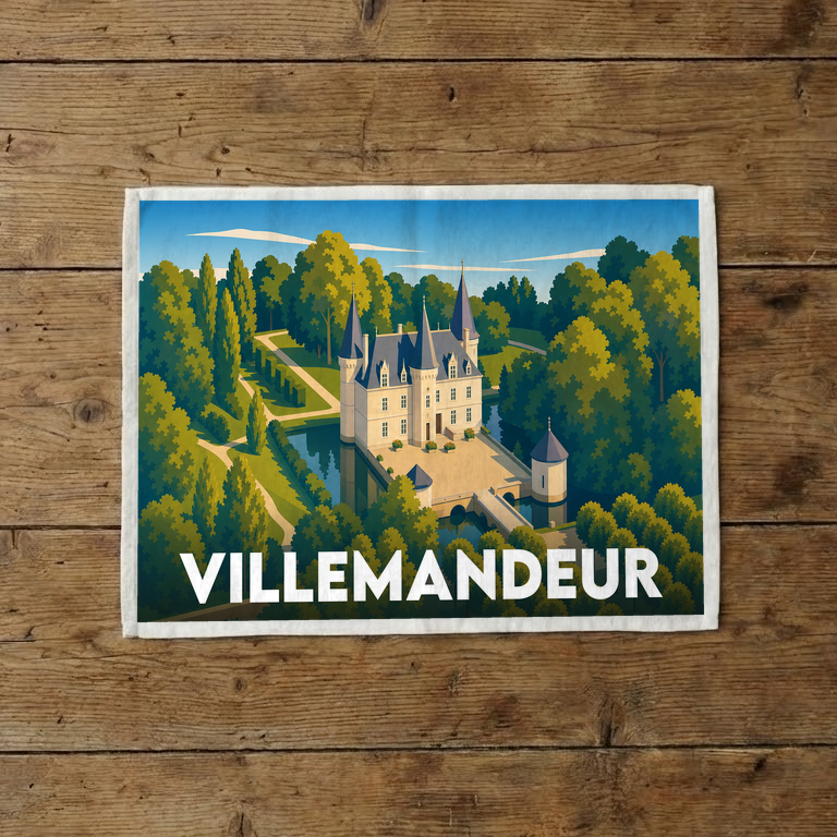 Torchon souvenir de la ville de Villemandeur avec une illustration stylisée d'un château entouré de verdure.