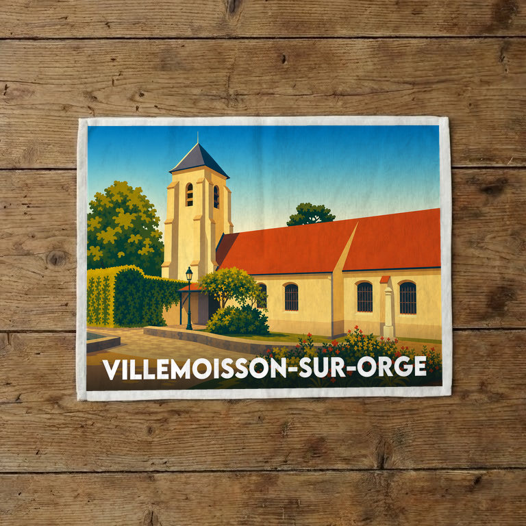 Torchon souvenir de la ville de Villemoisson-sur-Orge avec une illustration stylisée de son église.
