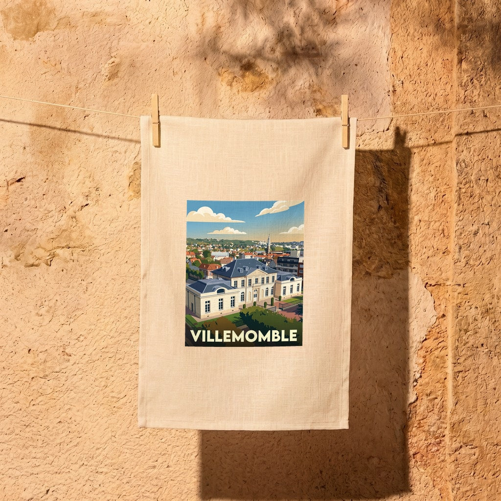 Torchon souvenir de la ville de Villemomble avec une illustration stylisée du château et du paysage urbain.
