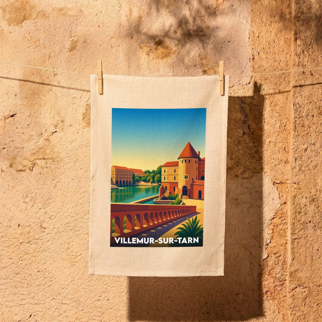 Torchon souvenir de la ville de Villemur-sur-Tarn avec une illustration stylisée.