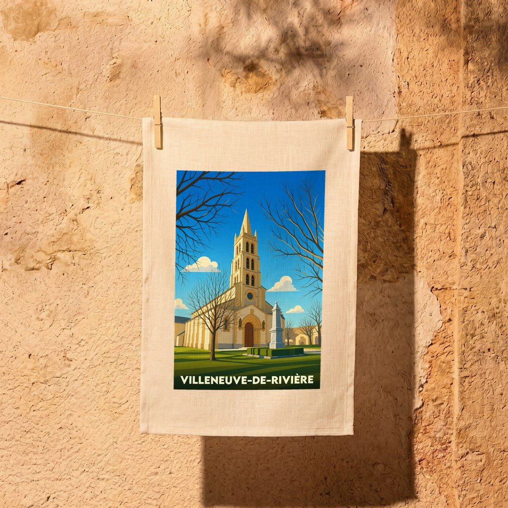 Torchon souvenir de la ville de Villeneuve-de-Rivière avec une illustration stylisée de son église.