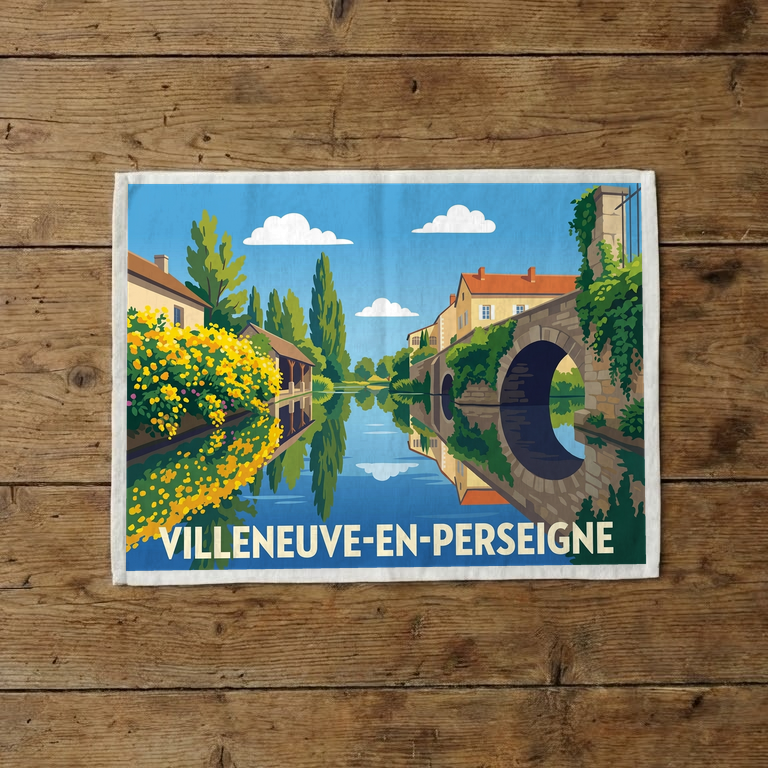 Torchon souvenir de la ville de Villeneuve-en-Perseigne avec une illustration stylisée d'un paysage de rivière et d'un pont.