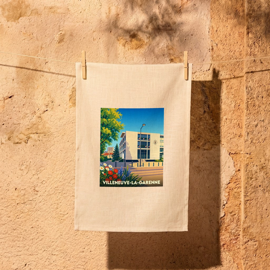 Torchon souvenir de la ville de Villeneuve-la-Garenne avec une illustration stylisée de son hôtel de ville.