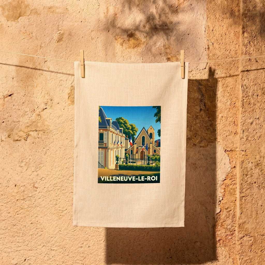 Torchon souvenir de la ville de Villeneuve-le-Roi avec une illustration stylisée.