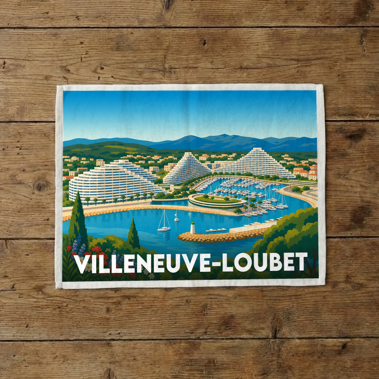 Torchon souvenir de la ville de Villeneuve-Loubet arborant une illustration stylisée de sa célèbre marina.