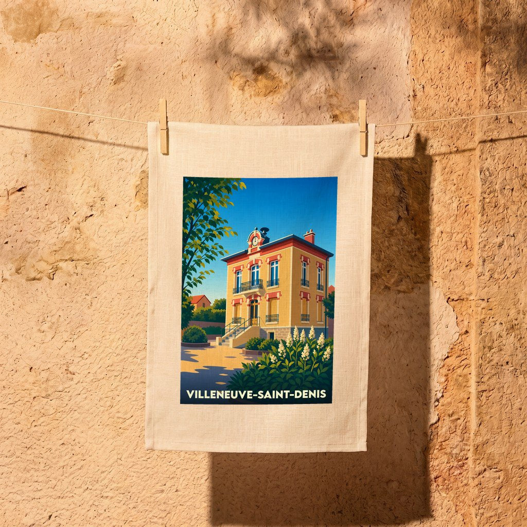 Torchon souvenir de la ville de Villeneuve-Saint-Denis avec une illustration stylisée.