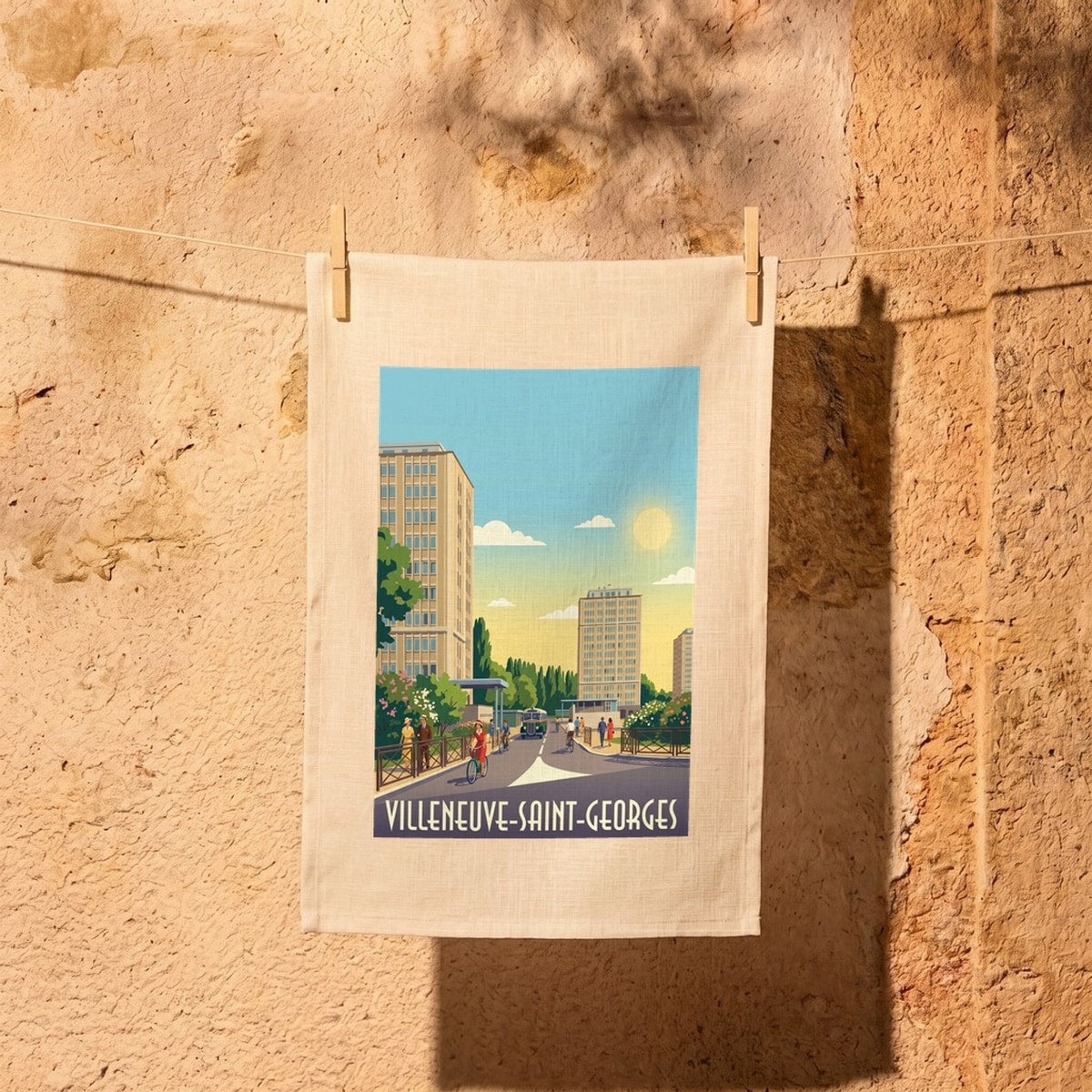 Torchon souvenir de la ville de Villeneuve-Saint-Georges avec une illustration stylisée.