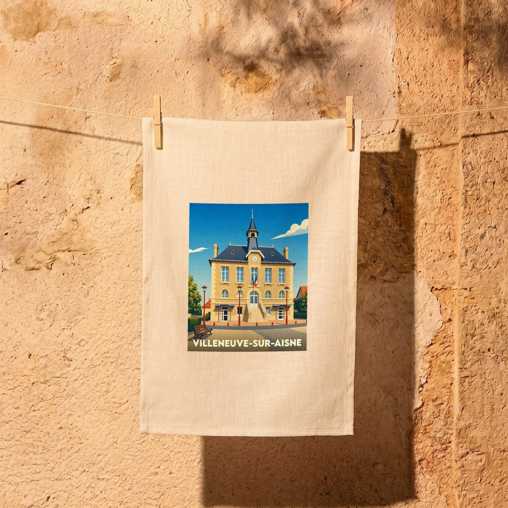 Torchon souvenir de Villeneuve-sur-Aisne avec une illustration stylisée de l'hôtel de ville.