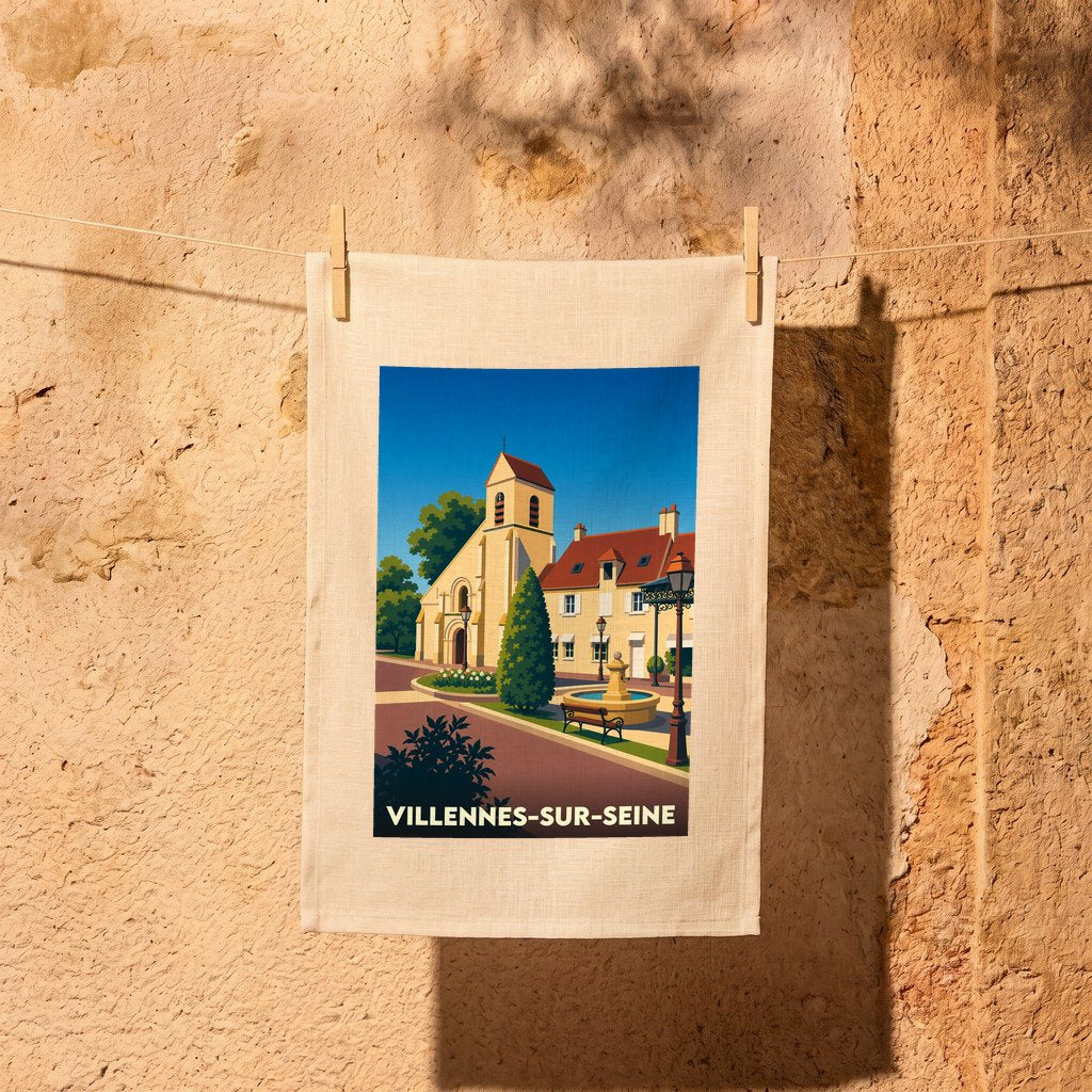 Torchon souvenir de la ville de Villennes-sur-Seine avec une illustration stylisée d'une place ensoleillée.