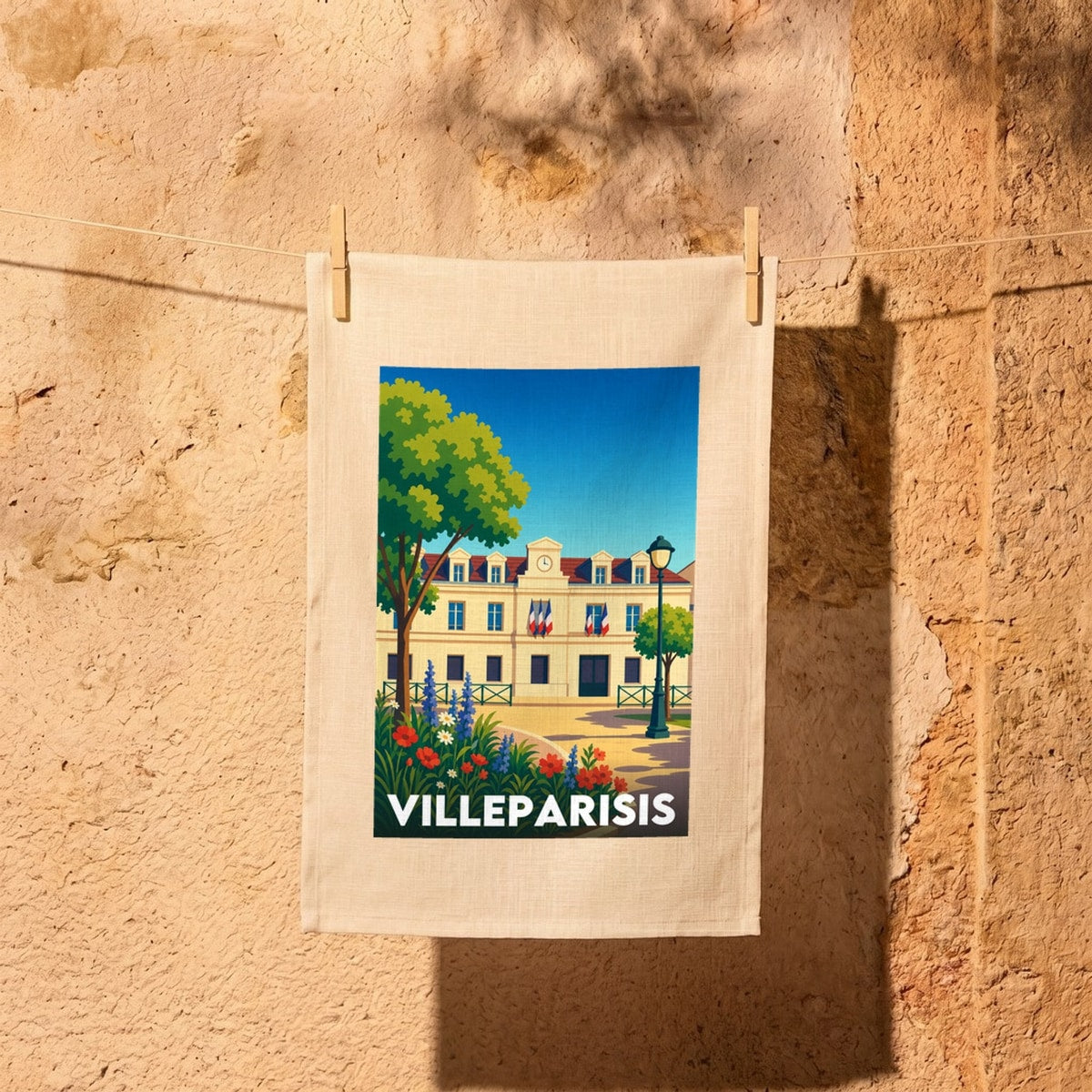Torchon souvenir de la ville de Villeparisis avec une illustration stylisée de son hôtel de ville.