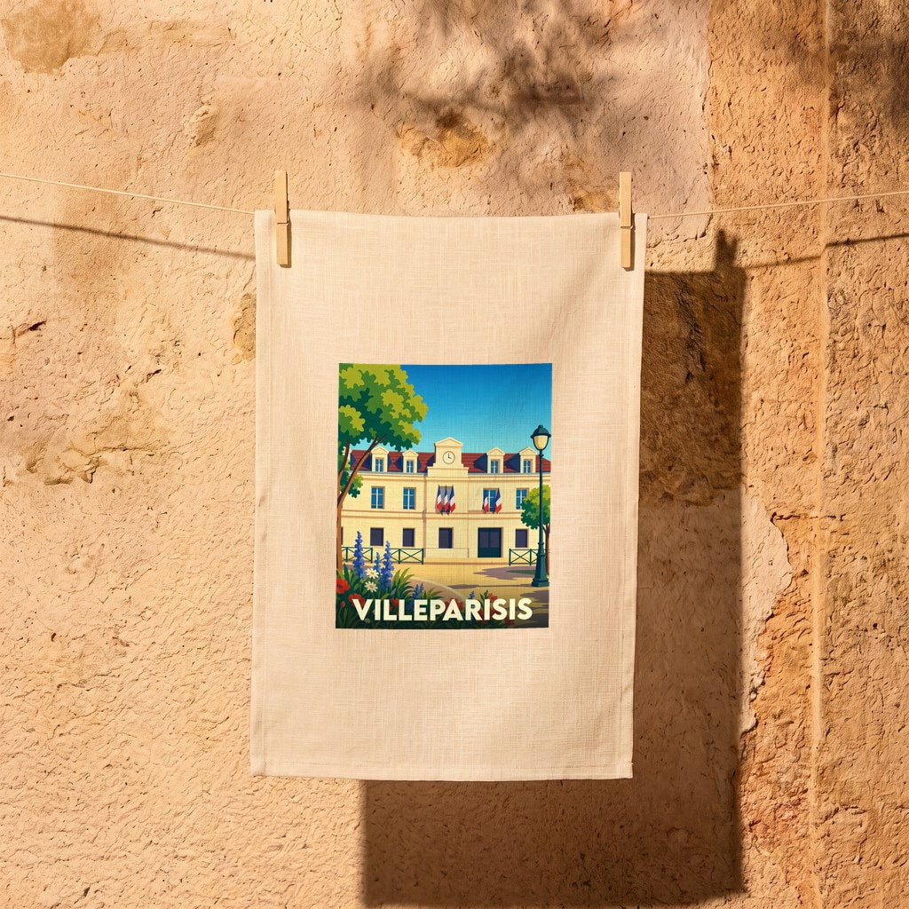 Torchon souvenir de la ville de Villeparisis avec une illustration stylisée de son hôtel de ville.