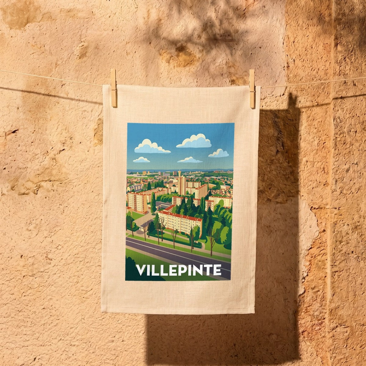 Torchon souvenir de la ville de Villepinte avec une illustration stylisée.