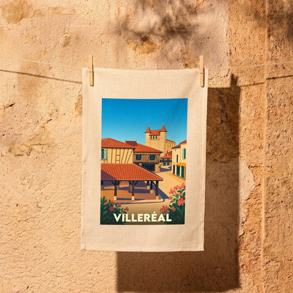 Torchon souvenir de la ville de Villeréal avec une illustration stylisée d'un village pittoresque.