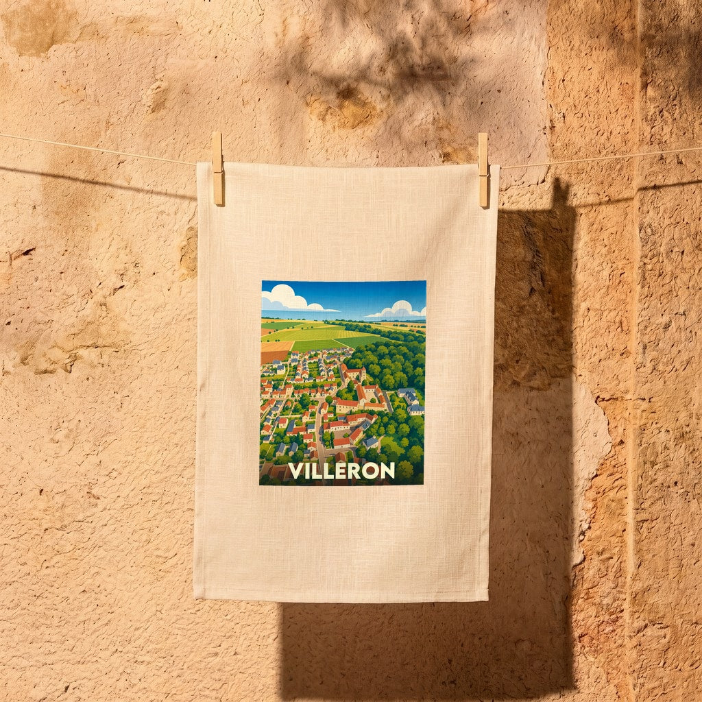 Torchon souvenir de la ville de Villeron avec une illustration stylisée d'un paysage de campagne.