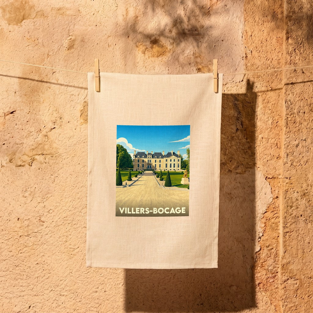 Torchon souvenir de la ville de Villers-Bocage avec une illustration stylisée d'un château.
