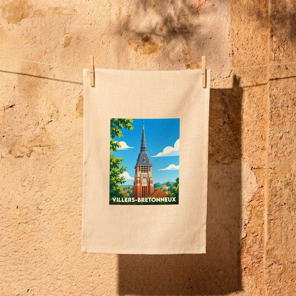 Torchon souvenir de la ville de Villers-Bretonneux avec une illustration stylisée de son église.