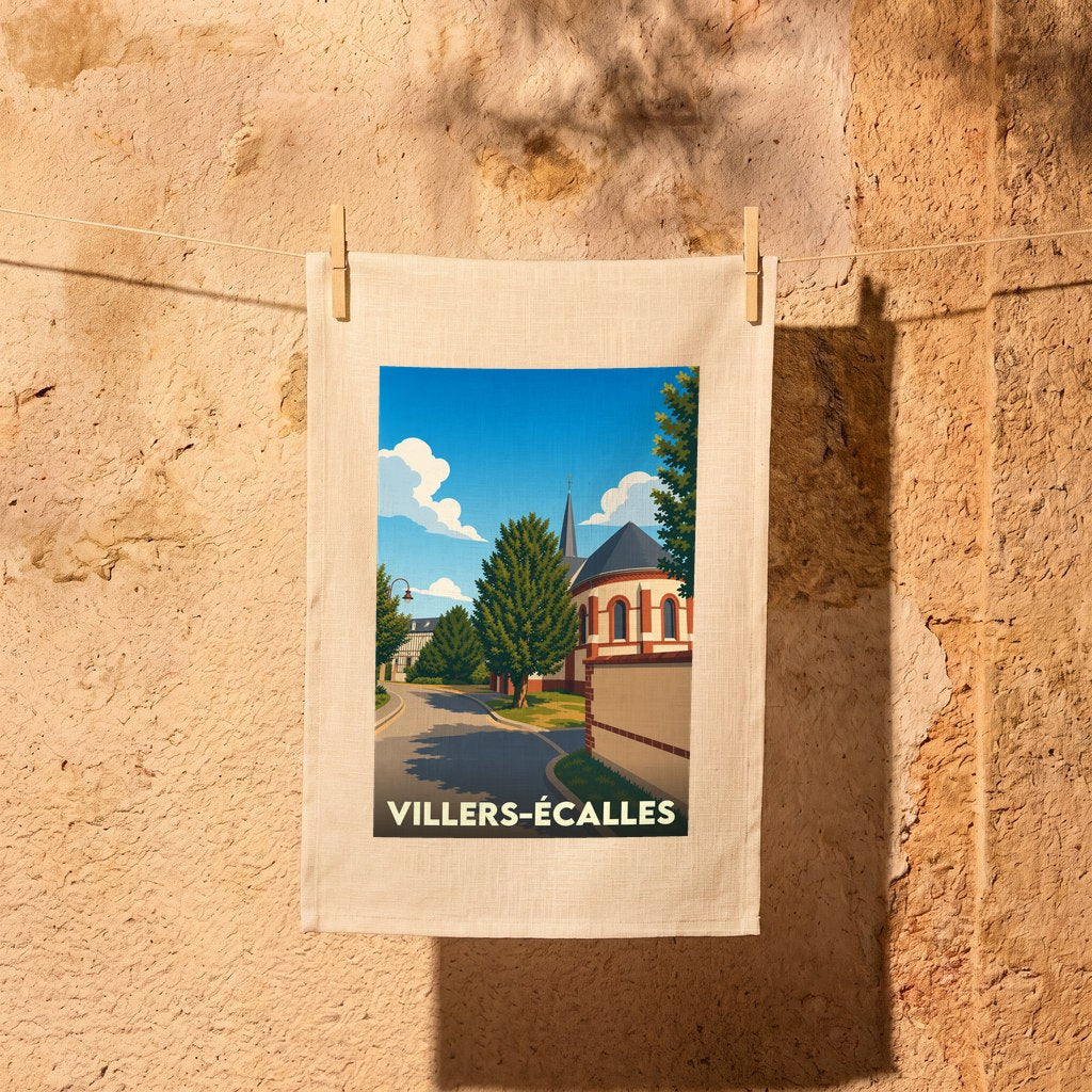 Torchon souvenir de la ville de Villers-Écalles avec une illustration stylisée.