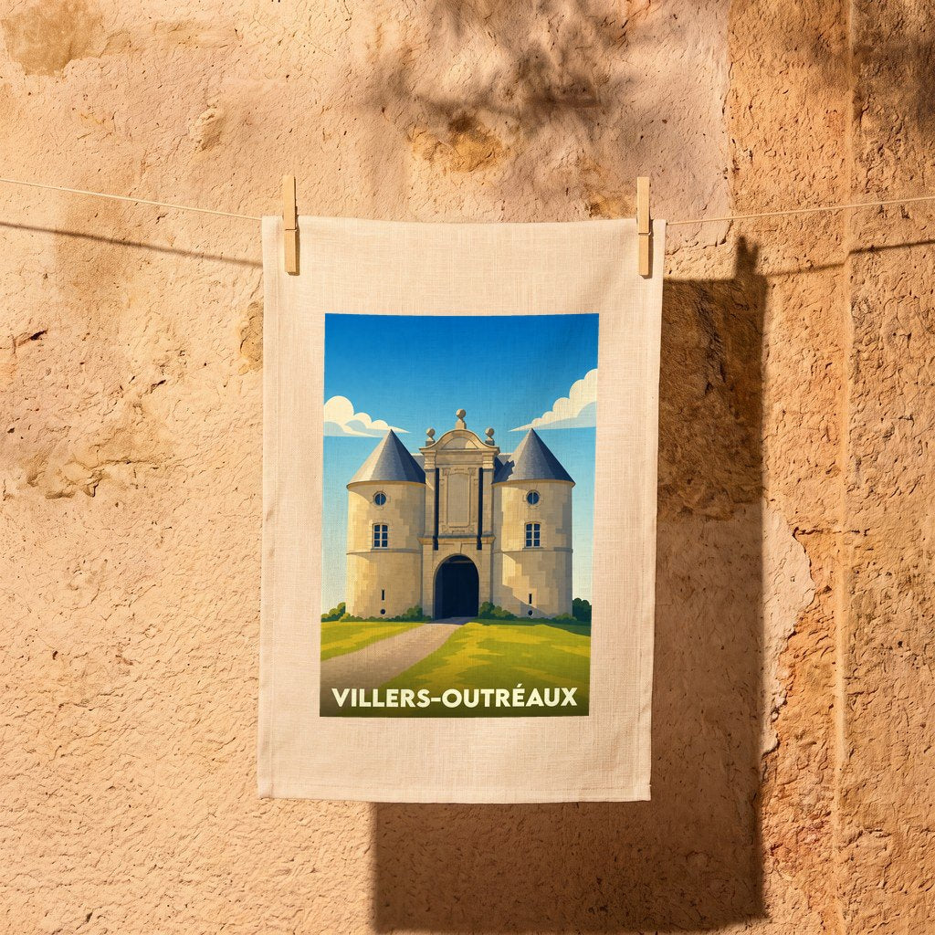 Torchon souvenir de Villers-Outréaux illustrant une porte monumentale entourée de deux tours circulaires.