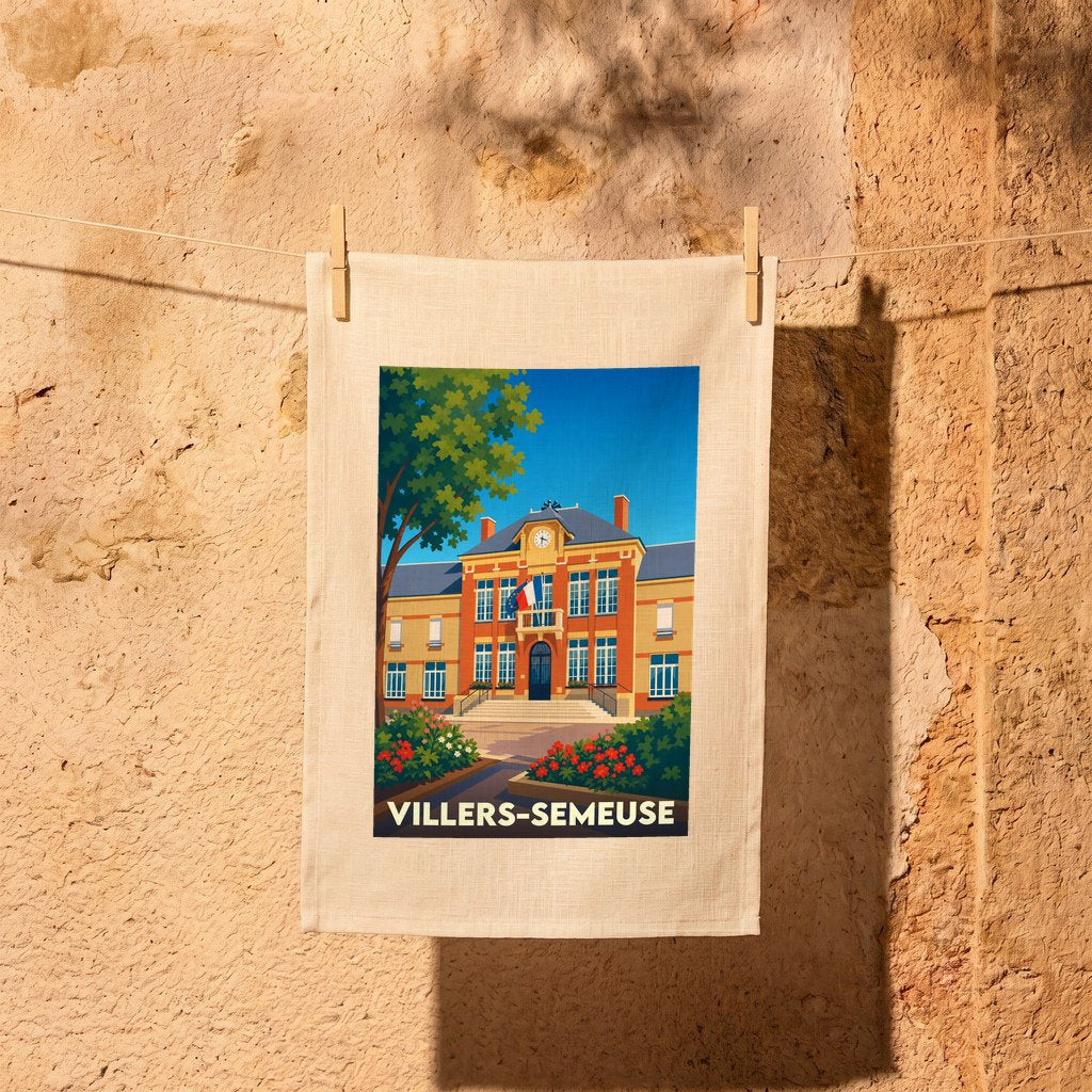 Torchon souvenir de la ville de Villers-Semeuse avec une illustration stylisée de son hôtel de ville.