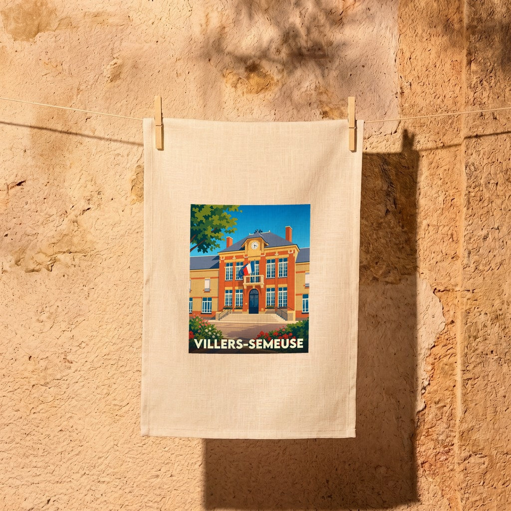 Torchon souvenir de la ville de Villers-Semeuse avec une illustration stylisée de son hôtel de ville.