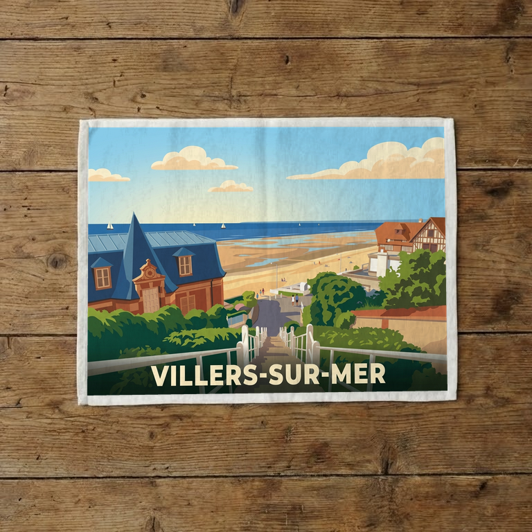 Torchon souvenir de la ville de Villers-sur-Mer avec une illustration stylisée.