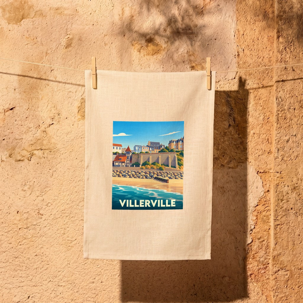 Torchon souvenir de la ville de Villerville avec une illustration stylisée de son front de mer.