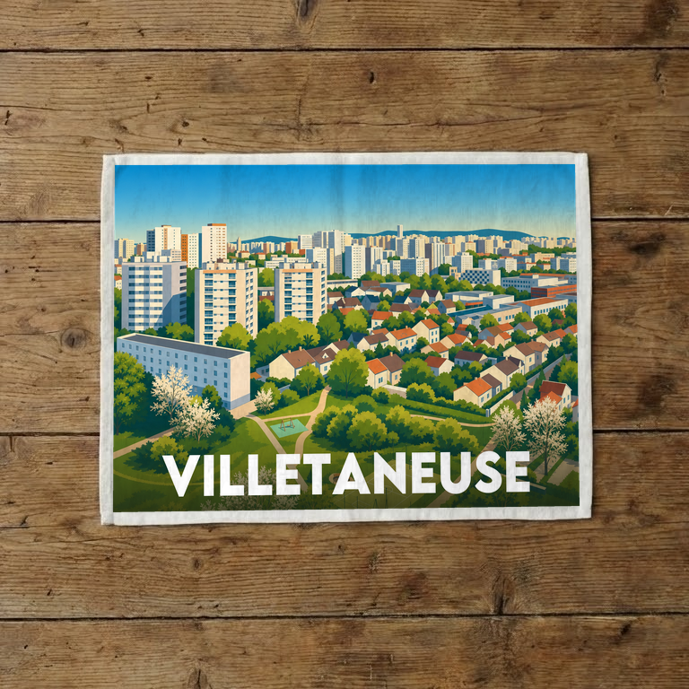 Torchon souvenir de la ville de Villetaneuse avec une illustration urbaine colorée et stylisée.