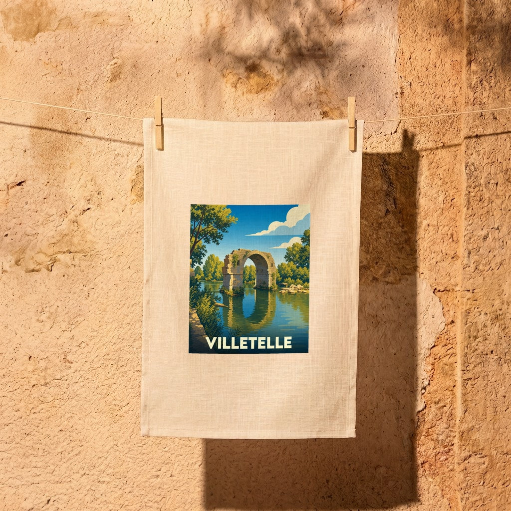 Torchon souvenir de la ville de Villetelle avec une illustration stylisée du pont romain.