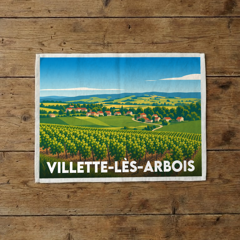 Torchon souvenir de Villette-lès-Arbois avec une illustration stylisée de paysages de vignobles.