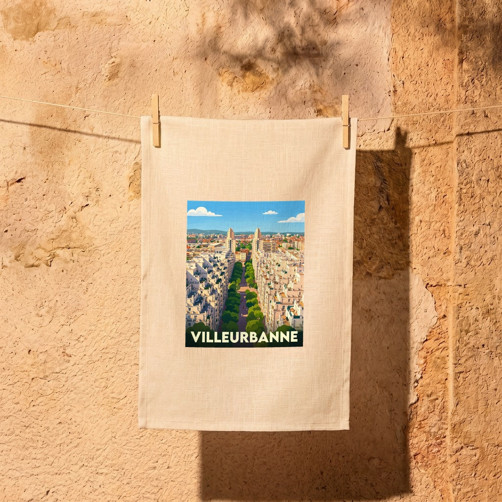 Torchon souvenir de la ville de Villeurbanne avec une illustration stylisée.