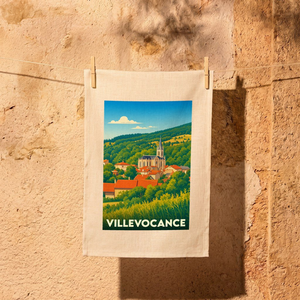 Torchon souvenir de la ville de Villevocance illustré d'un paysage de village pittoresque.