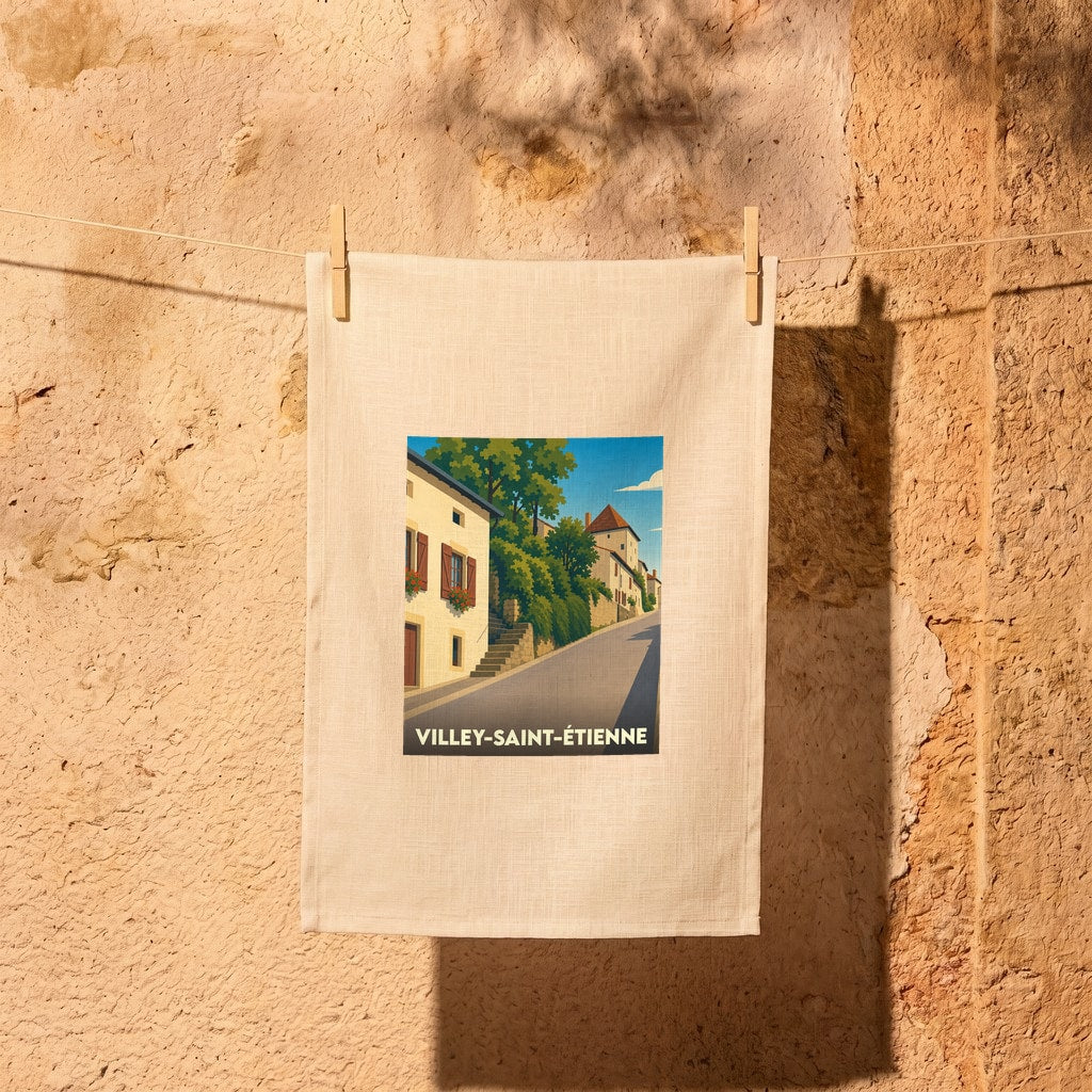 Torchon souvenir de la ville de Villey-Saint-Étienne avec une illustration stylisée d'une rue pittoresque.