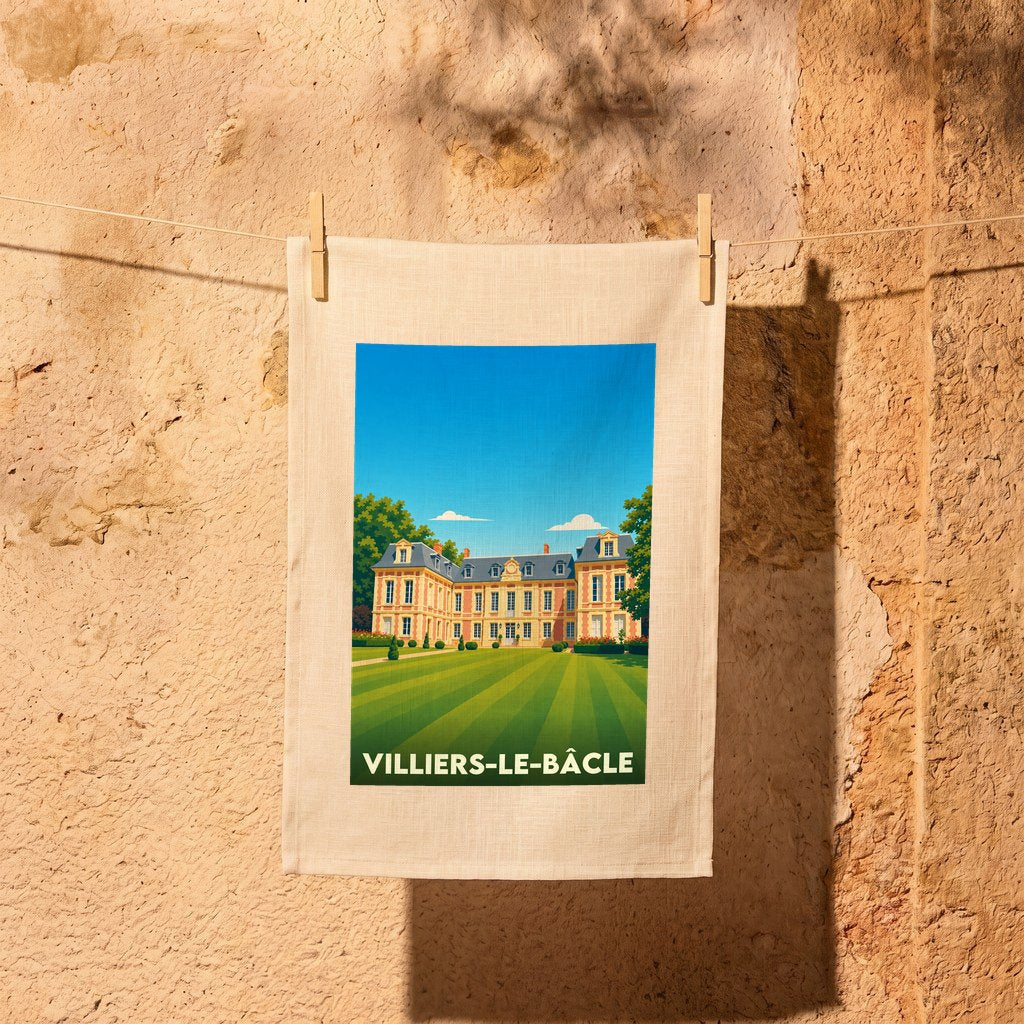 Torchon souvenir de la ville de Villiers-le-Bâcle illustré d'un château majestueux sur une pelouse verdoyante.